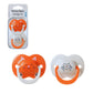 Orange and white baby soothers with cat graphics and shield-style rims, 18–36 months