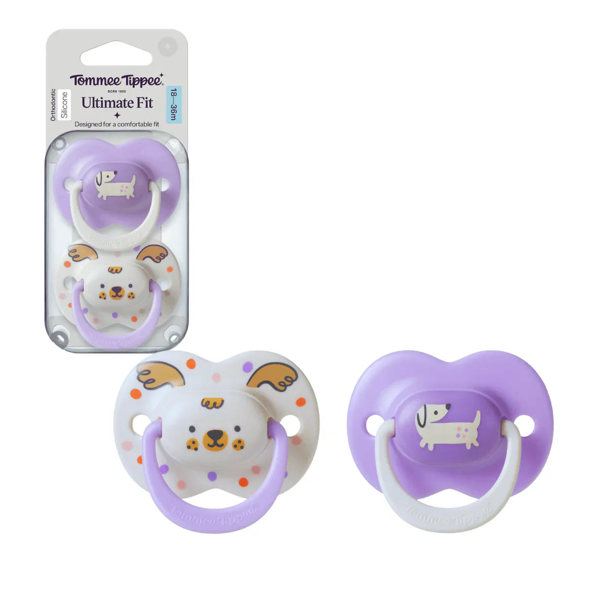 Purple baby soother with animal graphic and shield-style rim, 18–36 months