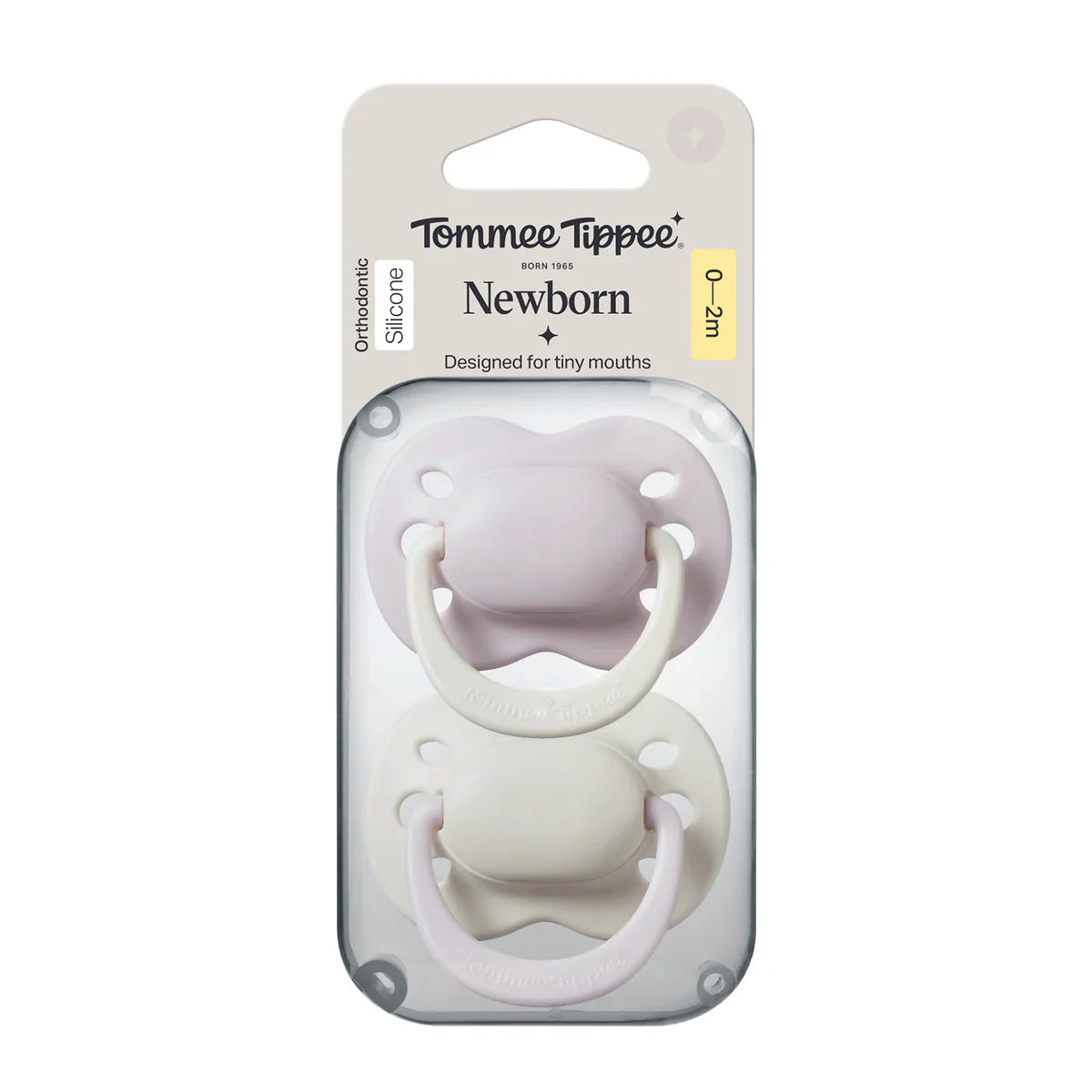 Tommee Tippee newborn soother set of 2, pastel purple and light cream silicone