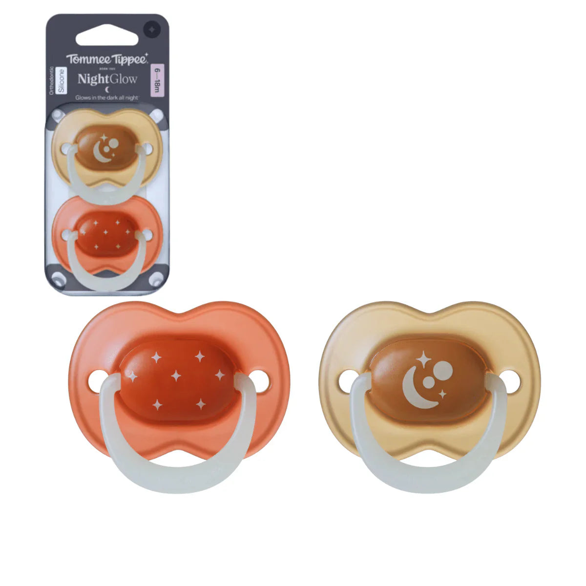 Night glow soother pack of 2, baby pacifiers with orange and cream glowing star motifs