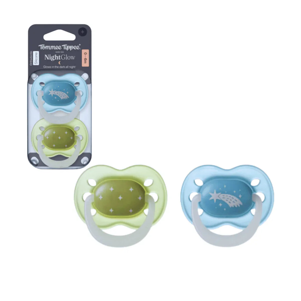 Baby night glow pacifier set: green and blue, 2-pack, 0–6 months