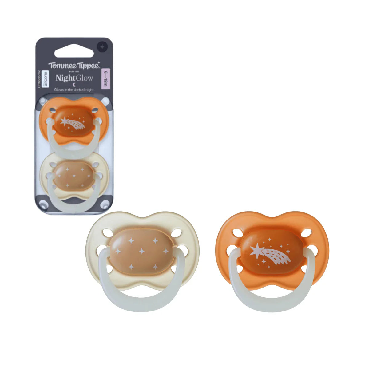 Baby night glow pacifier set: orange and cream, 2-pack, 0–6 months