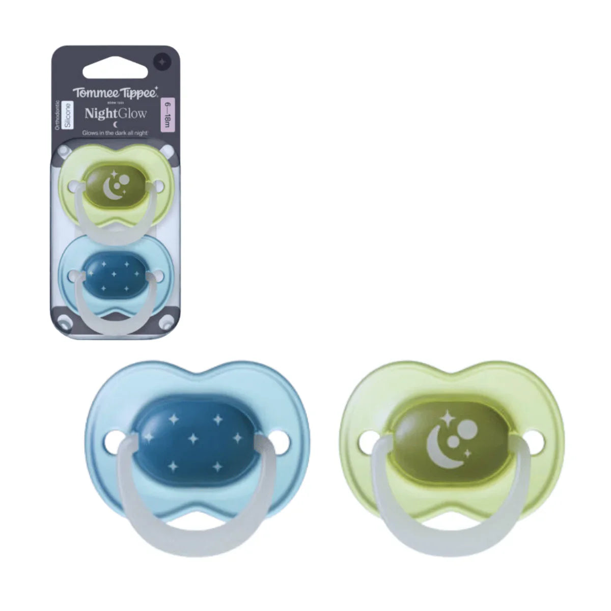 Baby night glow pacifier set, blue and green, moon-star glow grips