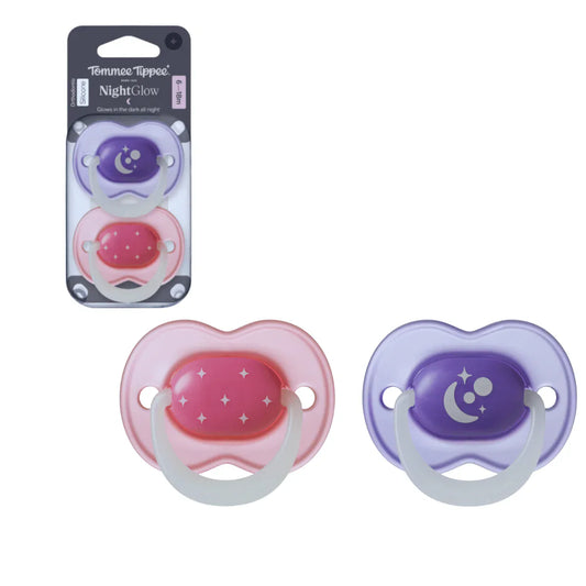 Baby night glow pacifier set, pink and purple, moon-star glow grips