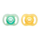 Glow-in-the-dark pacifiers, light green and yellow, orthodontic shape, 0–6 months