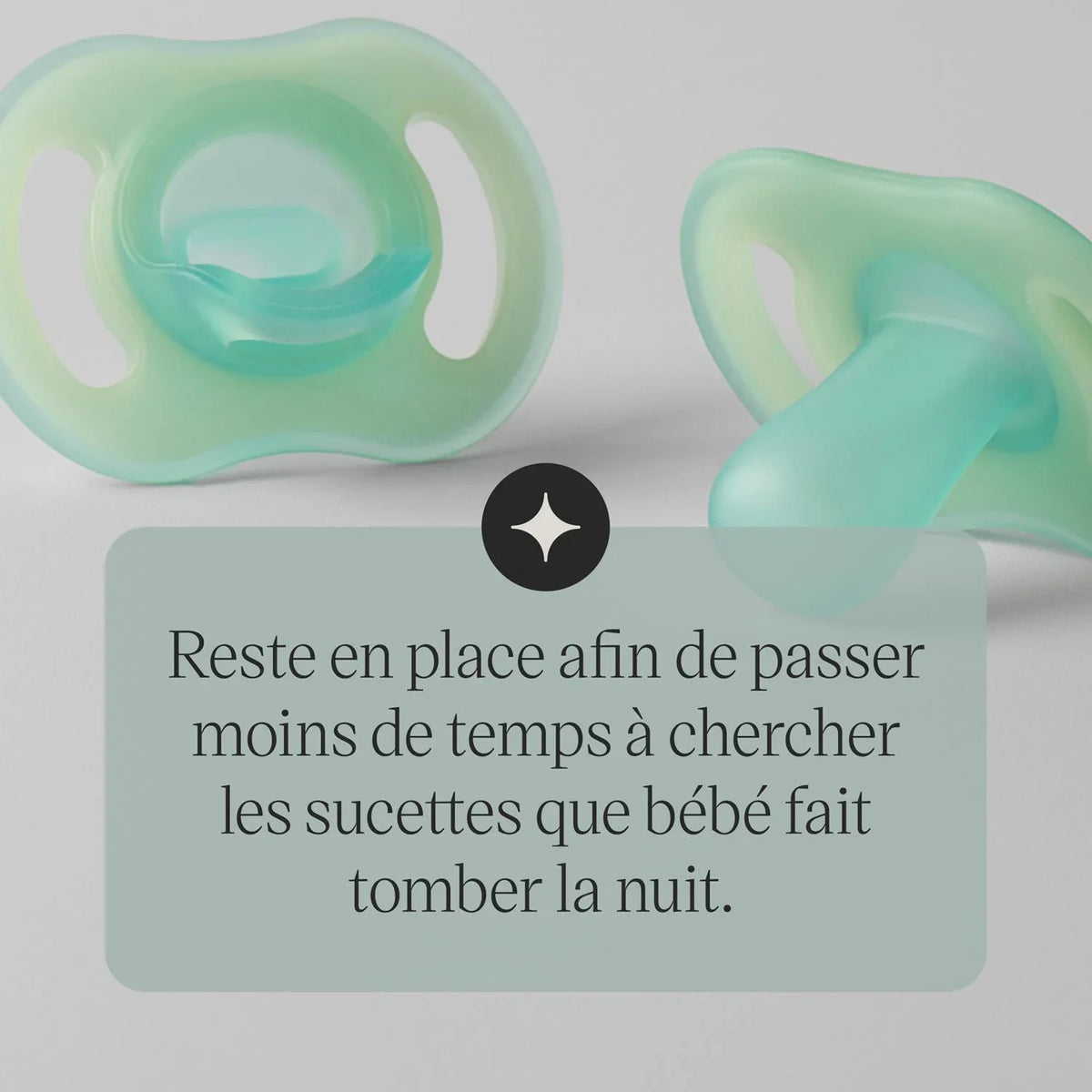 Glow-in-the-dark pacifiers, light green silicone, orthodontic shape, 0–6 months