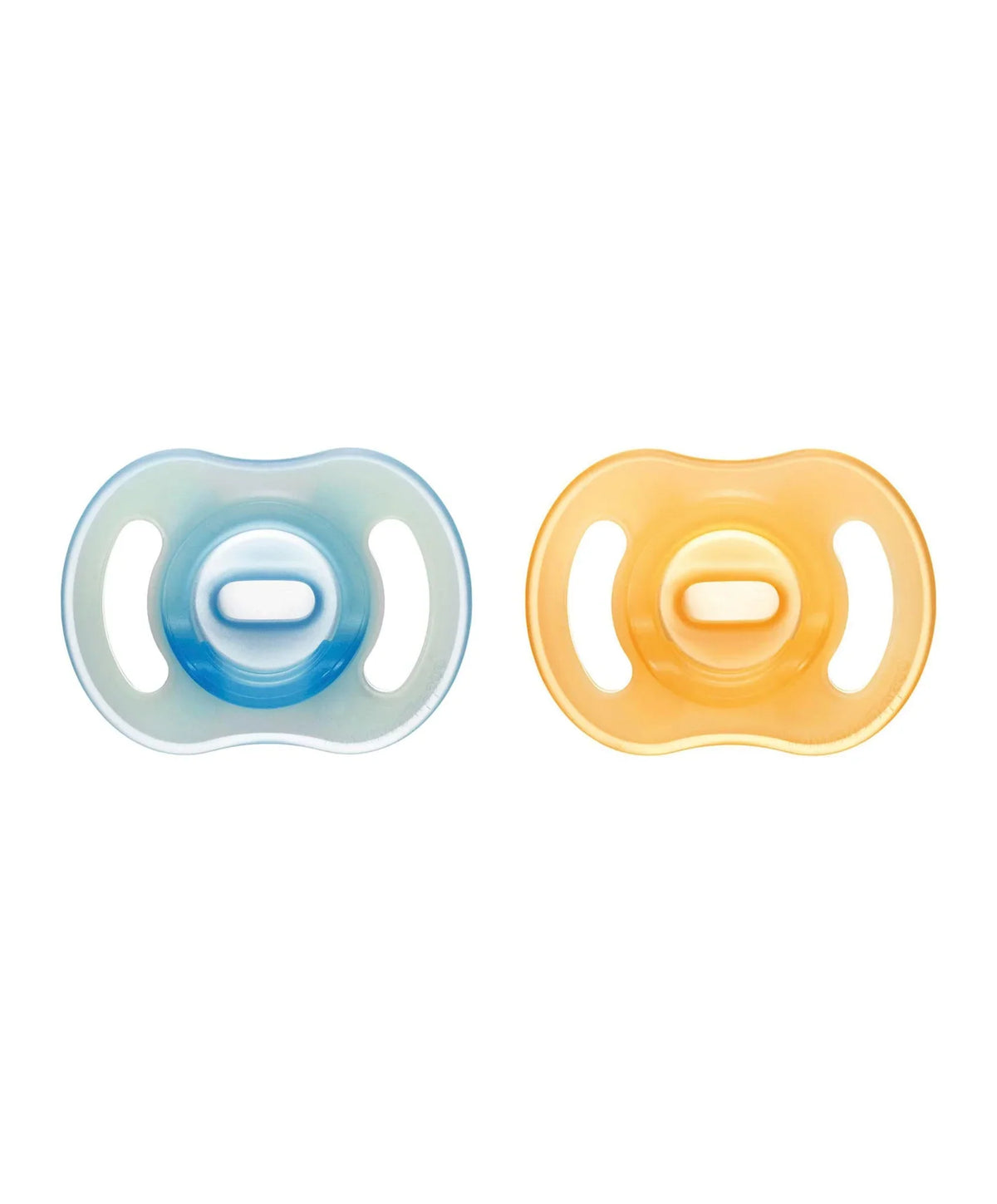 Pair of night-glow silicone baby dummies, teal and amber, one-piece shield