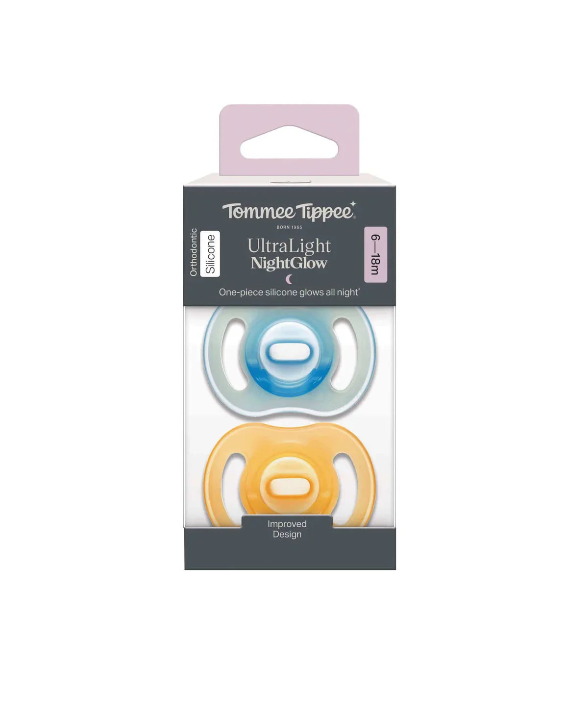 Ultra-light night glow baby pacifier 2-pack in blister package, teal and amber