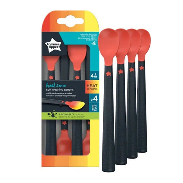 Soft weaning spoons pack of 4 with red tips and black handles