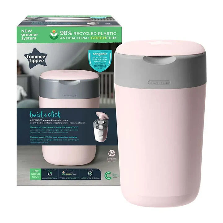 Pink diaper nappy bin with gray lid and handle cutout