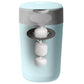 Light blue diaper disposal bin with grey lid and open flap holding tied liners