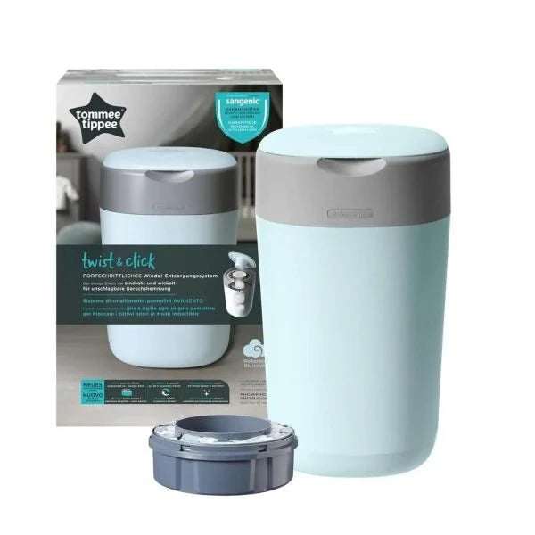Light blue diaper disposal bin with grey lid and twist-click handle