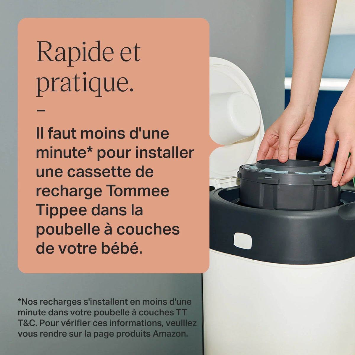 Hands loading diaper disposal bin refill cartridges into Twist & Click bin