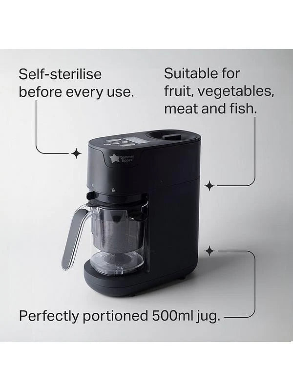 Black baby food maker unit with clear jug and side handle
