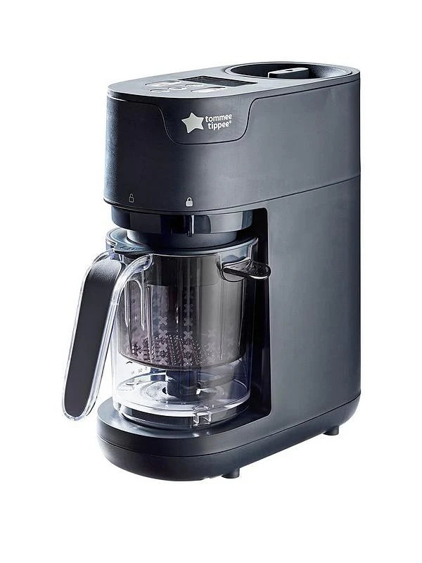 Black baby food maker with blending jug and lid on countertop