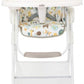Baby high chair with alphabet pattern seat, white frame and gray footrest