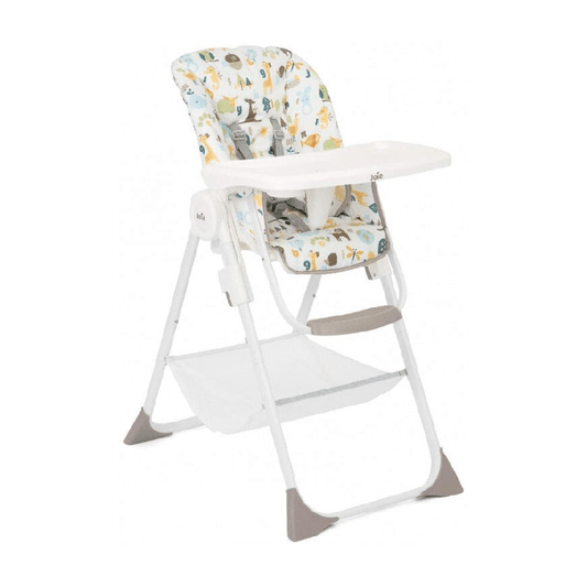 Baby high chair with alphabet-pattern seat, white tray and gray support legs