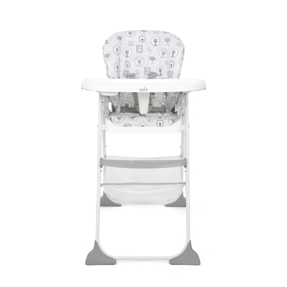 White highchair with light gray icon-pattern seat and back, padded tray and legs.