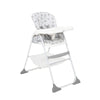 White highchair with light gray icon-pattern seat, curved white tray and support bar.
