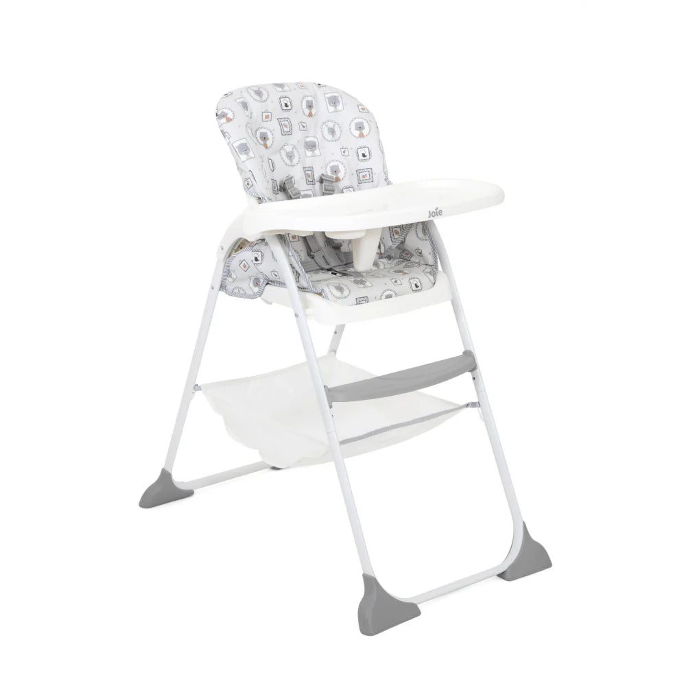 White highchair with light gray icon-pattern seat, curved white tray and support bar.