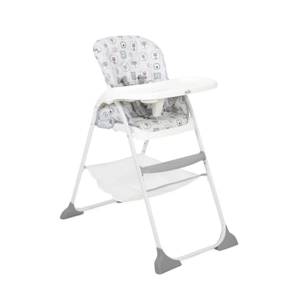 White highchair with light gray icon-pattern seat, curved white tray and support bar.