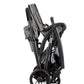 Double stroller with black frame and gray seat covers, rear angled view