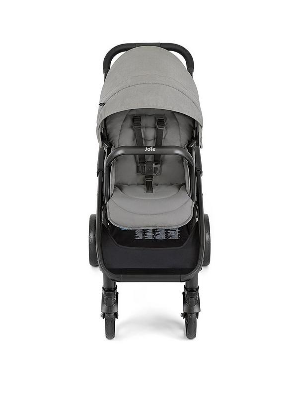 Stroller seat with gray canopy and black frame, front view
