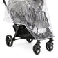 Double stroller with clear rain cover, gray canopy, black wheels and frame