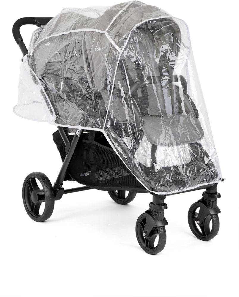 Double stroller with clear rain cover, gray canopy, black wheels and frame
