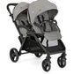 Double stroller with two seats, gray canopies and black frame, side view