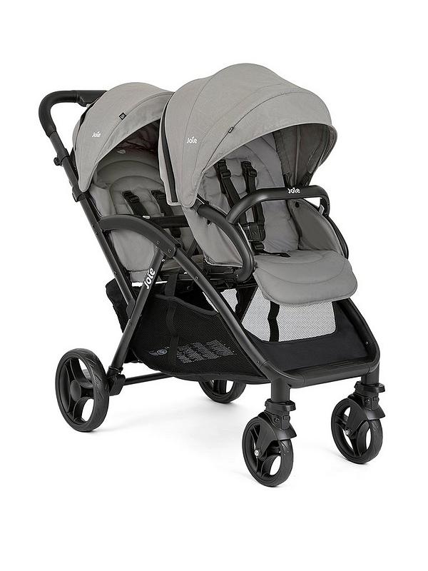 Double stroller with two seats, gray canopies and black frame, side view
