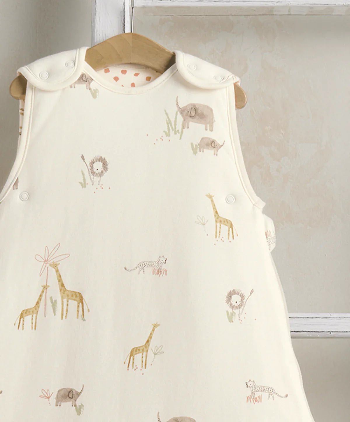 Baby sleep sack 0–6 months with off-white jungle animal print, sleeveless