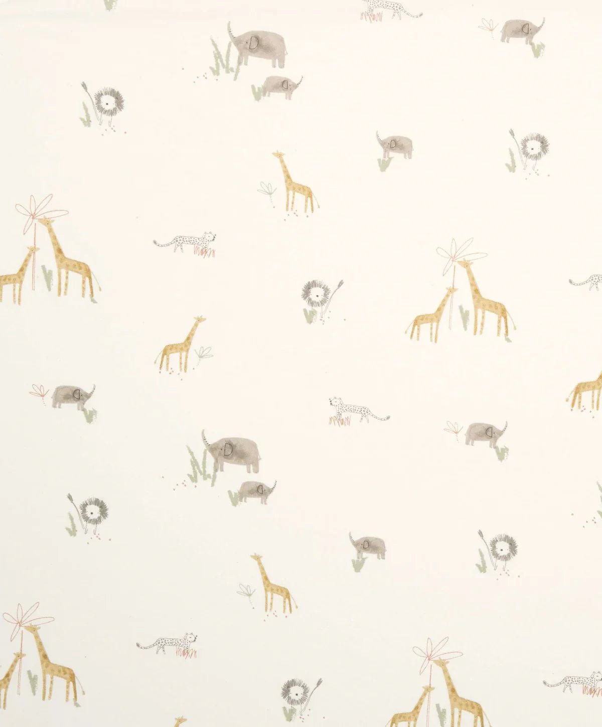 Cotbed fitted sheet fabric with jungle animals print on light cream background