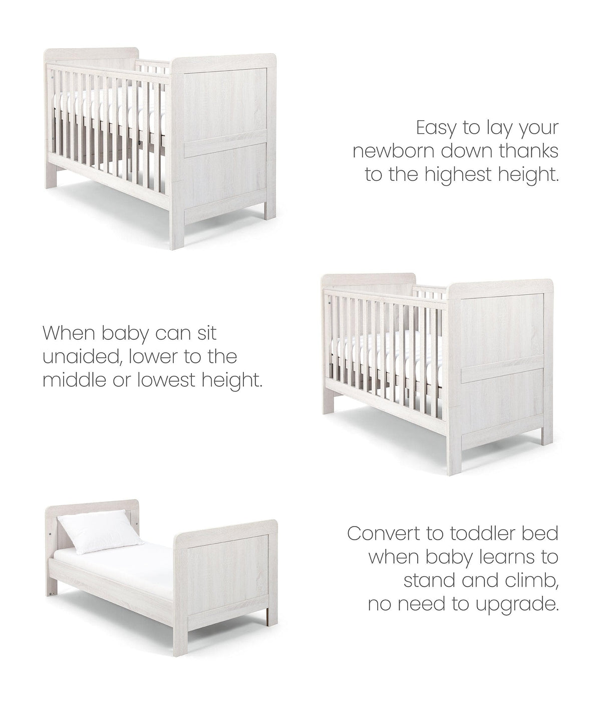 White cotbed with vertical slats and end panels, shown in multiple height positions