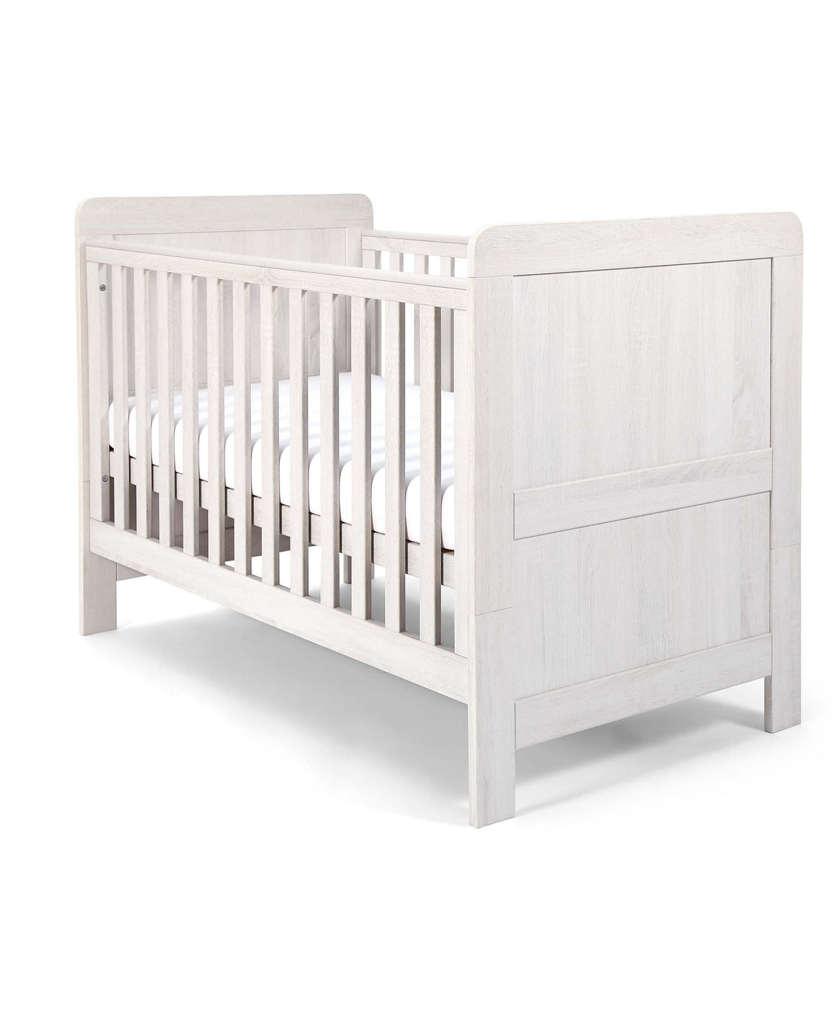 White wood cotbed with vertical slats and two padded end panels, open side