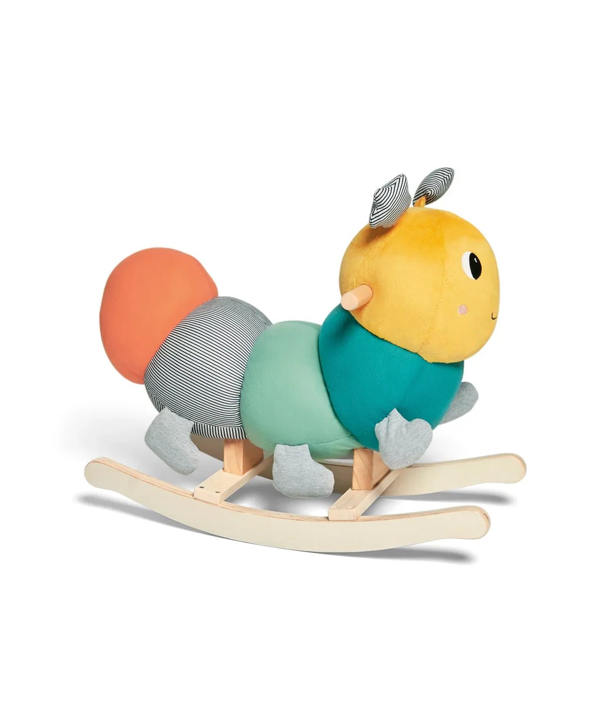 Stuffed rocking caterpillar toy side view, yellow head, teal body, striped gray legs