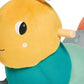Stuffed caterpillar rocking toy close-up of yellow face and teal body
