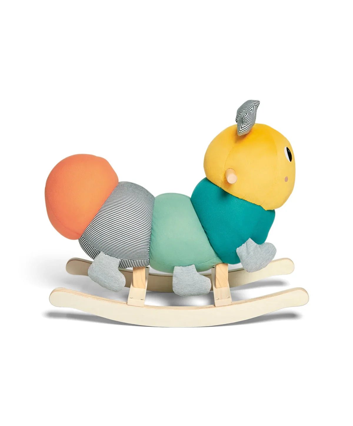Stuffed rocking caterpillar toy with yellow head, teal body, orange rear, wooden rockers