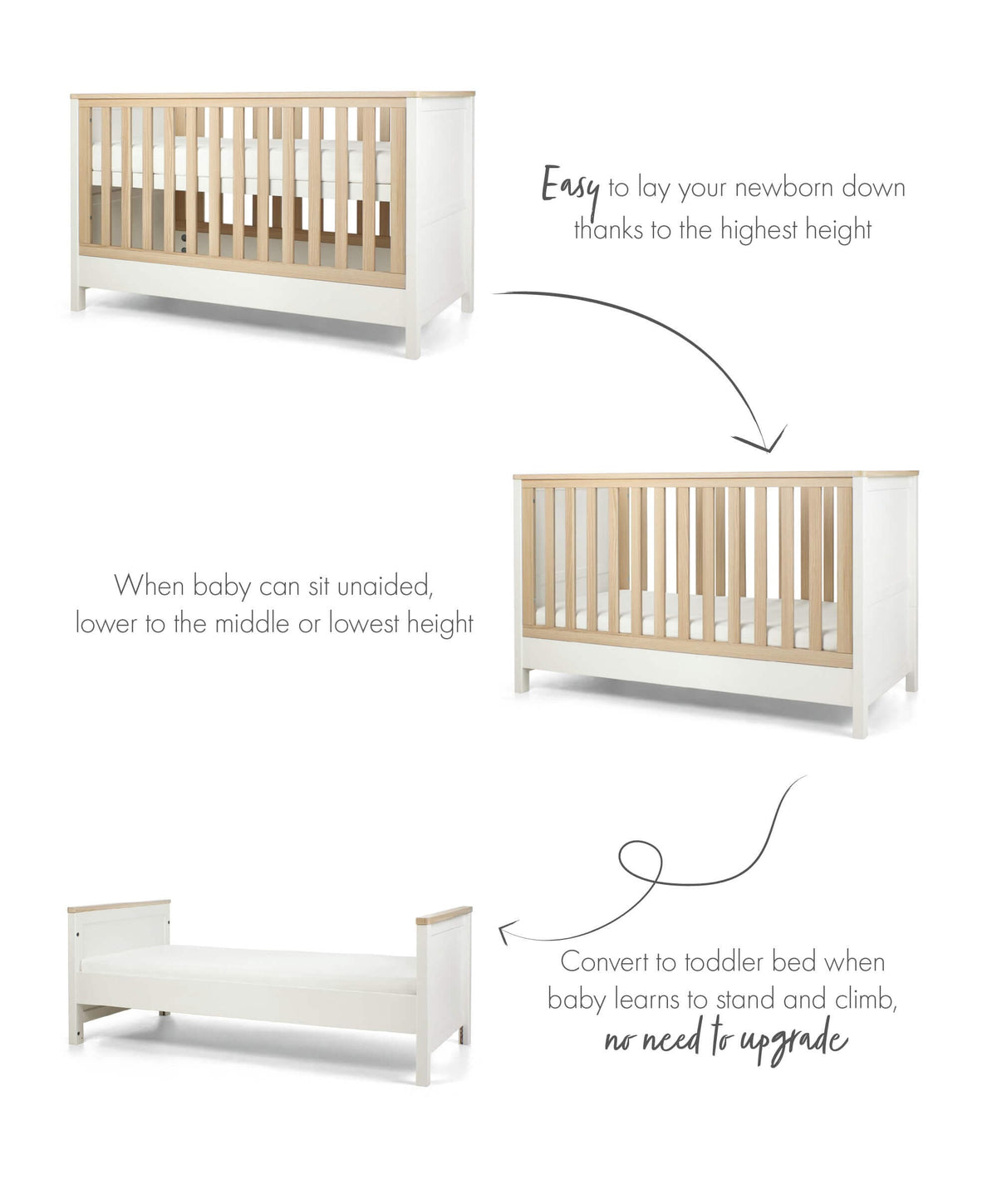 Cot diagram illustrating adjustable positions, with wood slats and white frame