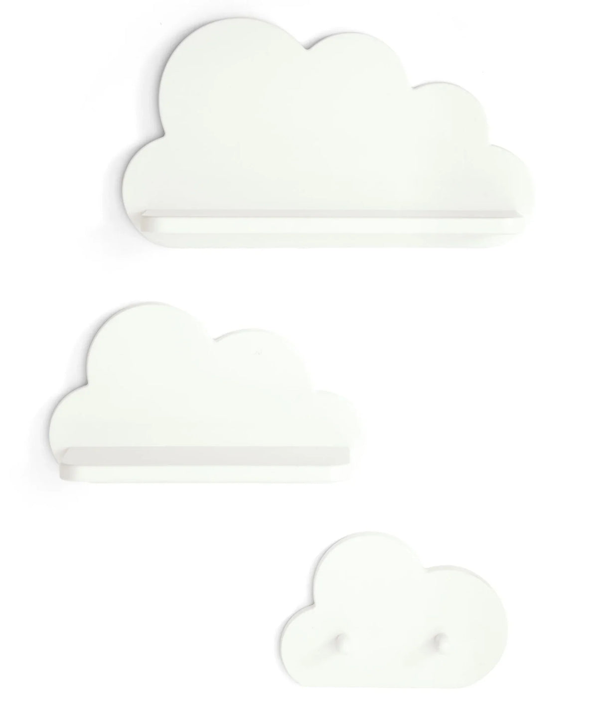 Cloud-shaped wall shelf set with coat hooks, white