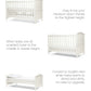 White cotbed with different height positions shown in a layout.