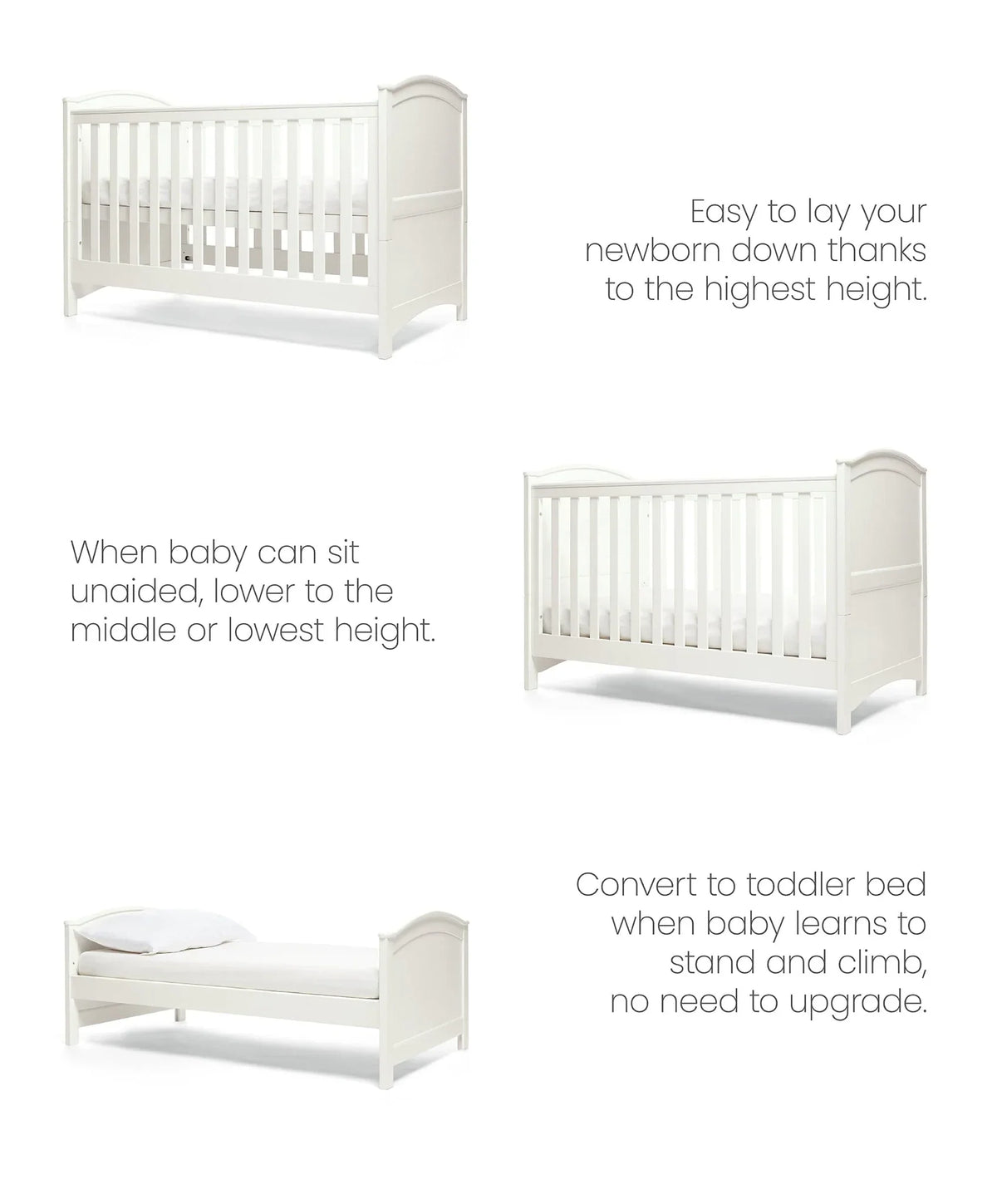 White cotbed with different height positions shown in a layout.
