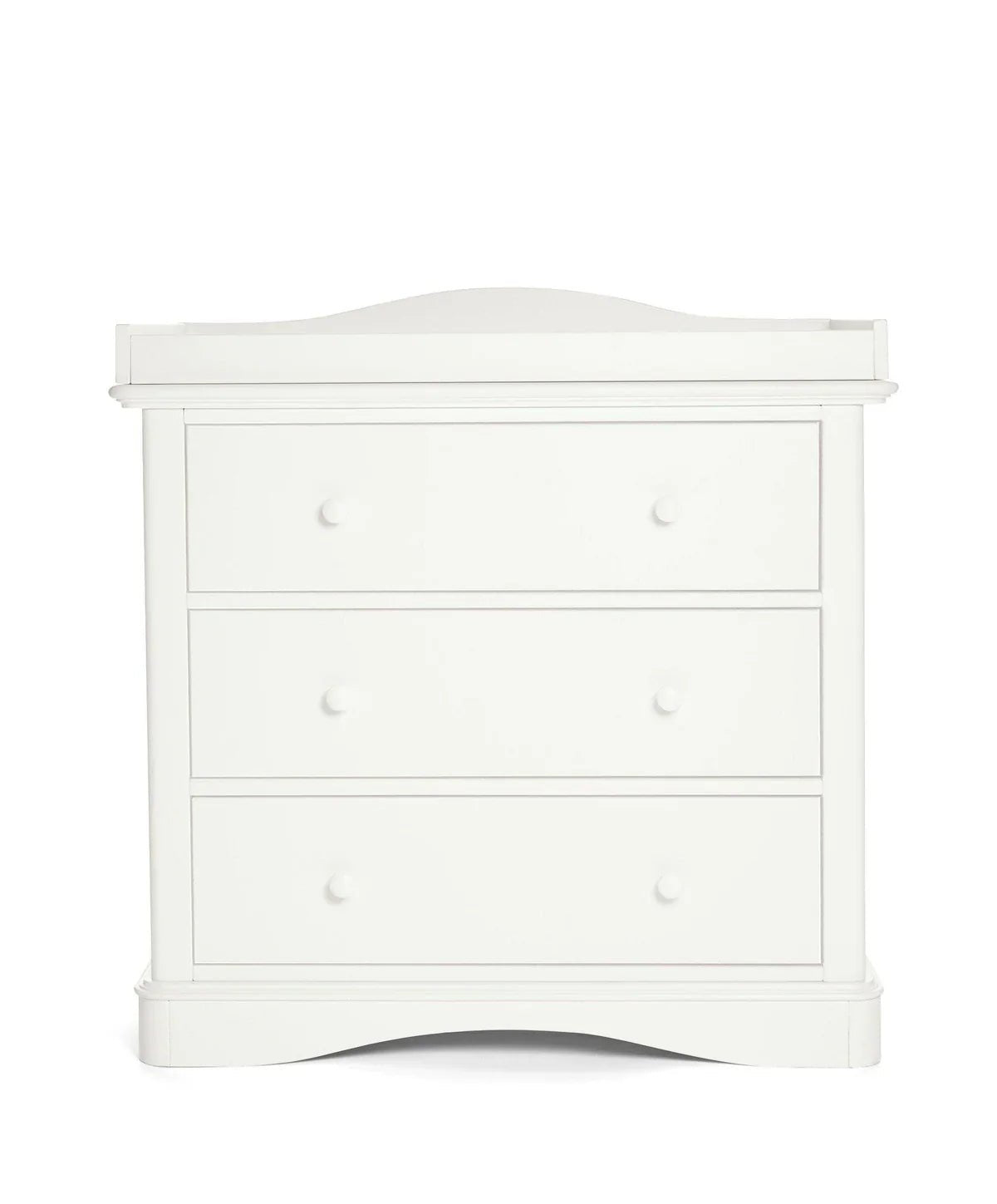 White dresser changer front view with three drawers and decorative top panel