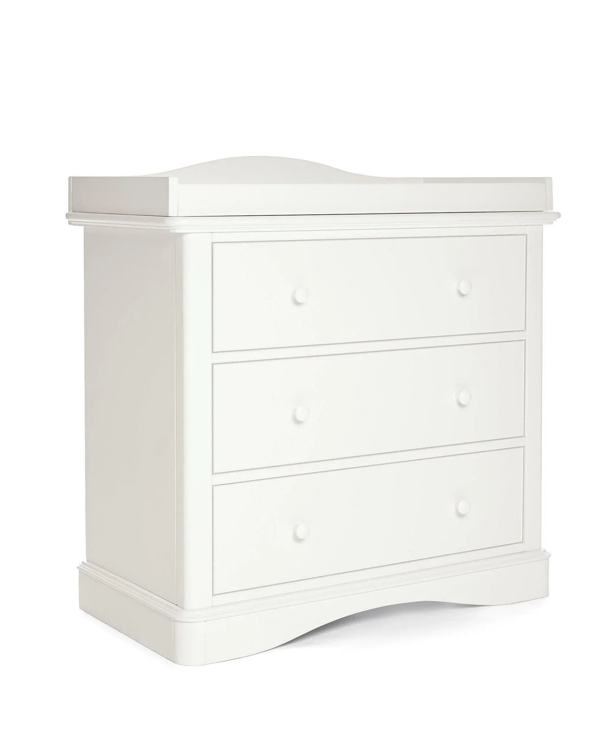 White nursery dresser changer with three drawers and curved base