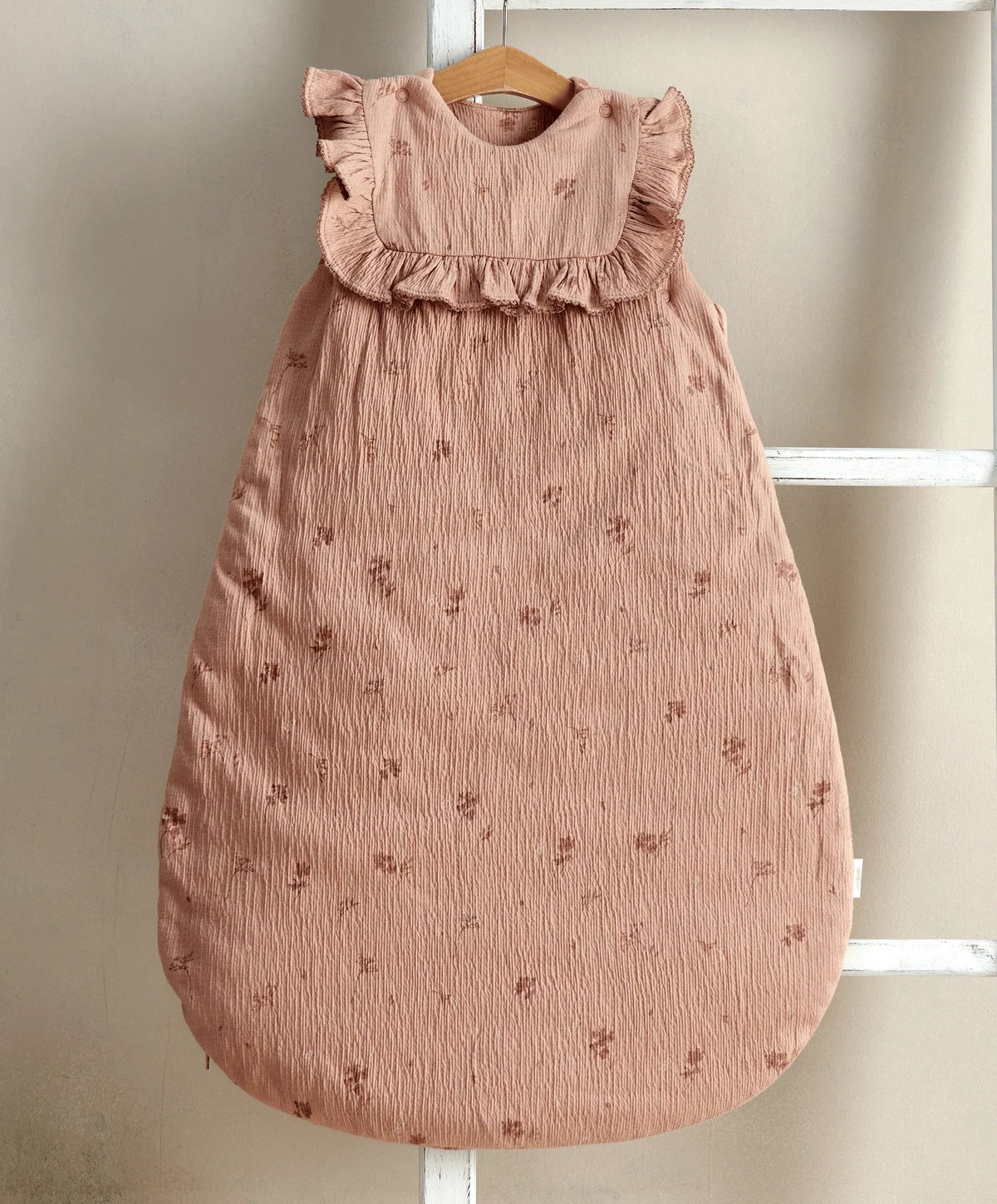 Baby sleep bag, pink cotton with small pattern and ruffled shoulder collar