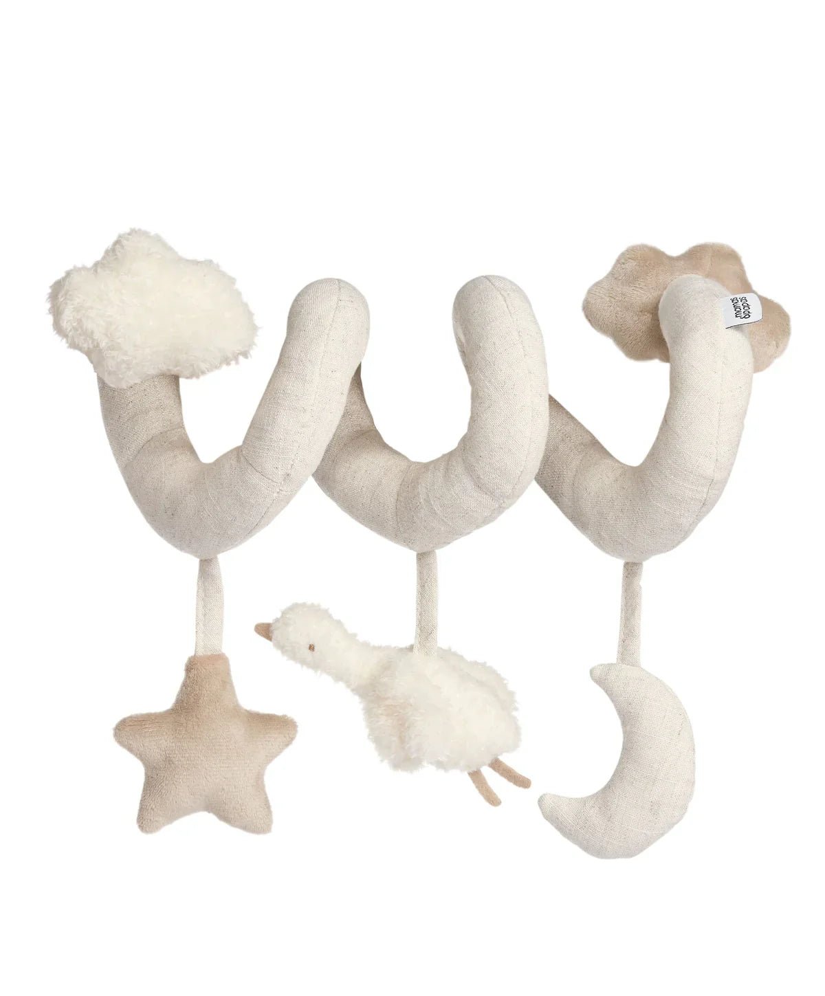 Spiral activity toy with plush star, moon, and duck charms on off-white arms