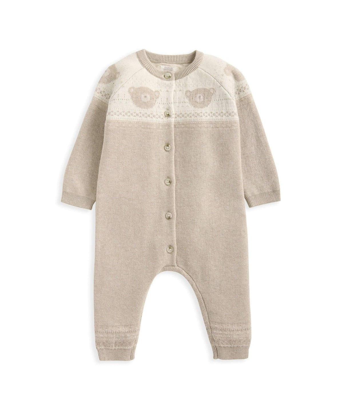 Light beige knitted sleeper romper with long sleeves and allover teddy face yoke
