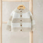 Cream striped knit cardigan with wooden-look button front and ribbed cuffs