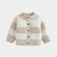 Cream striped knit cardigan with button front and ribbed crew neck