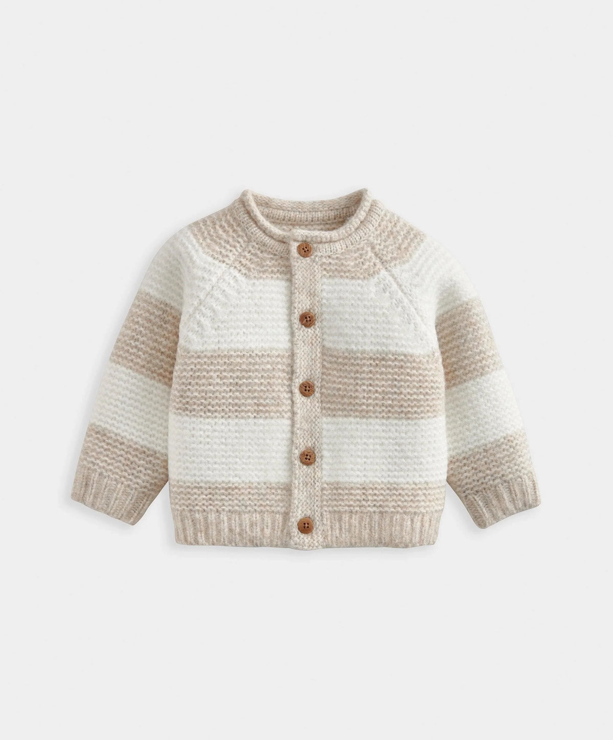 Cream striped knit cardigan with button front and ribbed crew neck